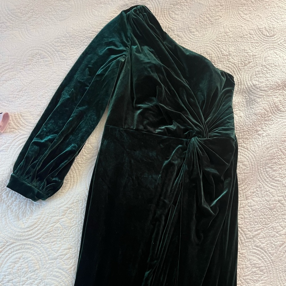 Revelry Aurora One Shoulder Dark Green Velvet Dress